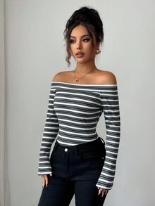 Elenzga 25-30+ 罗纹露肩长袖优雅女士T恤，休闲秋季 - 黑色 - 查看 6