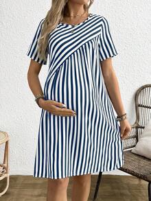 Boho Mama Maternity Women's Round Neck Short Sleeve Striped Dress
