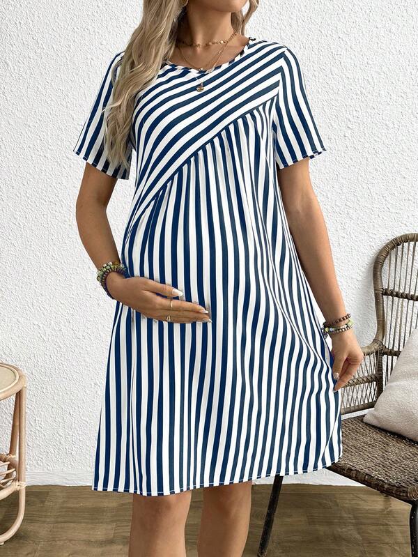 Boho Mama Maternity Women's Round Neck Short Sleeve Striped Dress