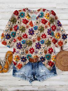 EMERY ROSE Plus Size Women's Sweet Ditsy Floral Short Sleeve Blouse, New Spring/Summer Round Neck Ruffle Loose Casual Top - Multicolor - View 3