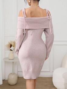 Modelyn Abito maglione elegante aderente a trecce con spalle scoperte, abbigliamento autunnale e invernale per donna - Rosa - Visualizzare 3