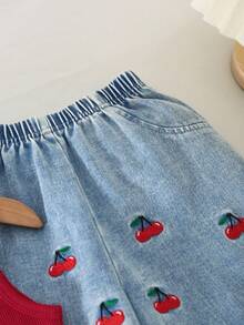 Elladie kids 女童休闲时尚日常 POLO 领无袖修身酒红色背心和松紧腰直筒樱桃刺绣牛仔裤套装 - 酒紅色 - 查看 4