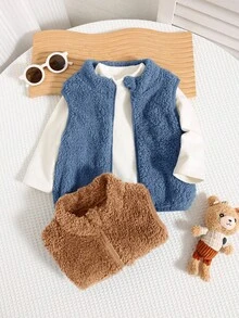 SHEIN 2pcs Baby Boy/Girl Cute Solid Color Fluffy Vest Jacket Set, Autumn/Winter Fall