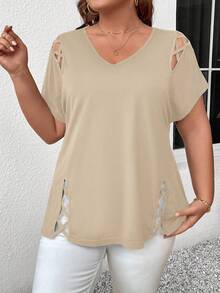 SHEIN LUNE V领交叉镂空大码女式短袖休闲T恤 - 卡其色 - 查看 5