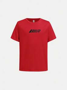 SHEIN 2 件套 Tween Boy 霓虹色字母图案 T 恤和慢跑裤套装 - 紅色 - 查看 8