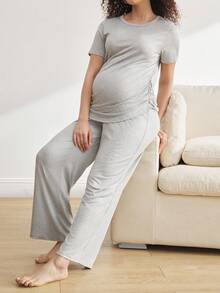 Moonlight&Mama Maternity Pleated Pajama Set - Grey - View 4