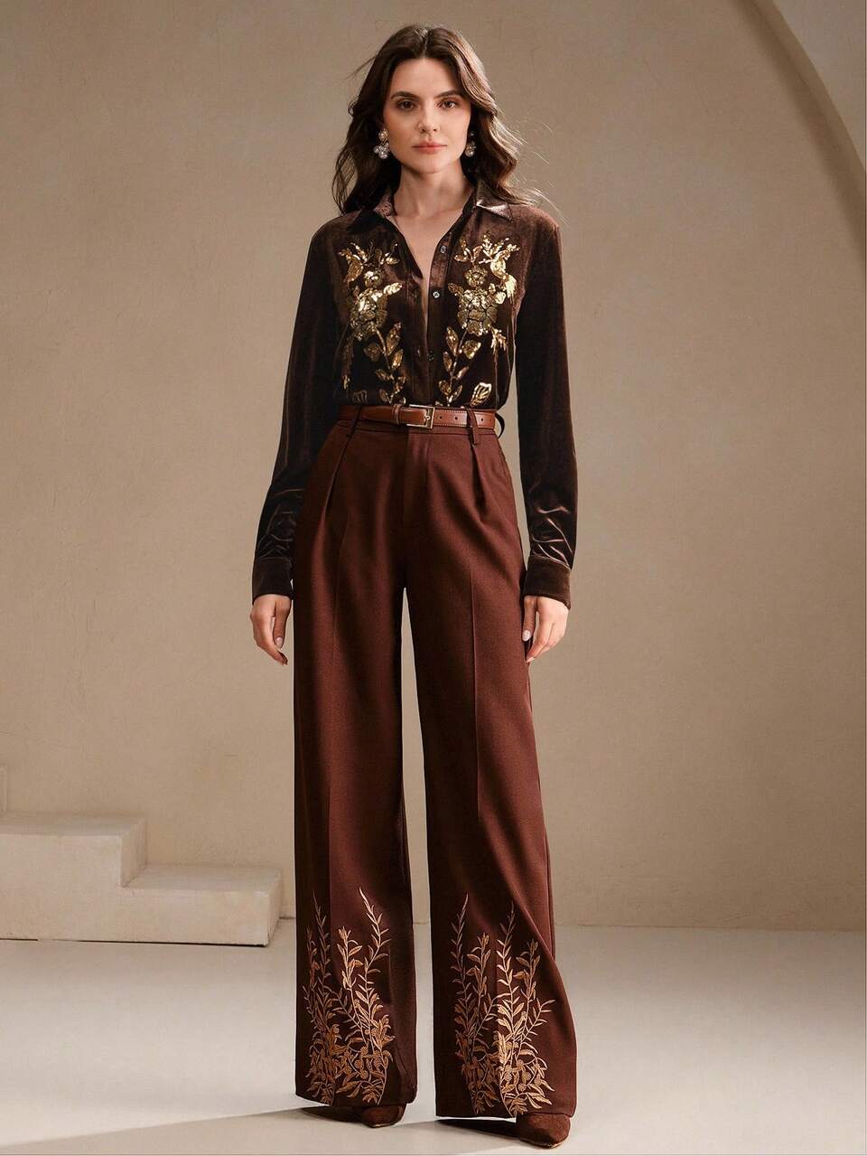 Autumn/Winter New Sequin Ombre Embroidered Office Lady Blouse