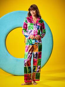 Chillnights X LOONEY TUNES Damen Cartoon Muster Farbblock Langarm Top & Hose Pyjama Set, Damen Pyjamas mit grafischem Muster, Cartoon Muster Pyjamas, bunte Pyjamas, Herbstkleidung