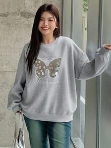 Dazy Plus Felpa oversize con fiocco e stampa a paillettes, con fodera termica, vestibilità morbida, collo a giro, maniche lunghe, colore grigio, taglia grande, adatta per l'autunno/inverno - Grigio - Visualizzare 6