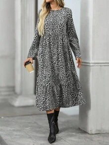 SHEIN LUNE 女式豹纹圆领长袖荷叶边下摆休闲连衣裙 - 彩色 - 查看 3