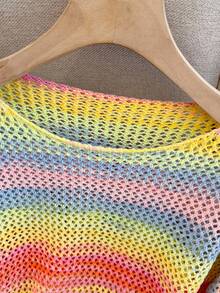 GlowEve Women's Casual Colorful Striped Hollow-Out Knit Sweater, Spring/Autumn - Butter Yellow - View 8