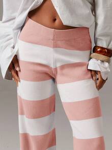 Athîral Women's Soft Striped Knit Lounge Sweater Pants In Fall/Winter - Baby Pink - View 5
