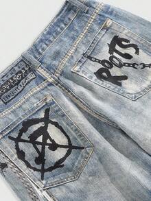 ROMWE MEN Grunge Punk Skull Print Pocket Y2K Style Hip Hop Jeans - Multicolor - View 5