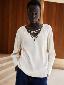 Lumivelle Suéter casual de mujer de manga larga con hombros caídos y nudo delantero, unicolor, otoño - Albaricoque - Ver 4