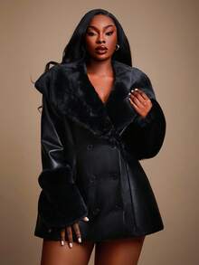 Radiana 大码女装秋冬优雅华丽性感基础款PU皮革拼接人造毛皮双排扣学院风保暖外套，适合嘻哈、休闲、街头风、西式穿搭、音乐节、复古、极简主义、老钱风、层次感丰富的场合，例如演唱会、嘉年华派对、度假、外出、假期、假日、约会、聚会、生日、单身派对、休息、锐舞派对、简约、时尚、夜店、可爱、休闲、购物、街头风、外出、Y2K、Y3K风格，易于搭配 - 黑色 - 查看 5