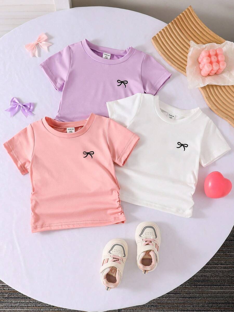 3pcs Baby Girls Casual Cute Bow Print Round Neck Short Sleeve T-Shirt, Suitable For Daily Life, Gatherings, Festivals, Spring/Summer - Multicolor - View 1