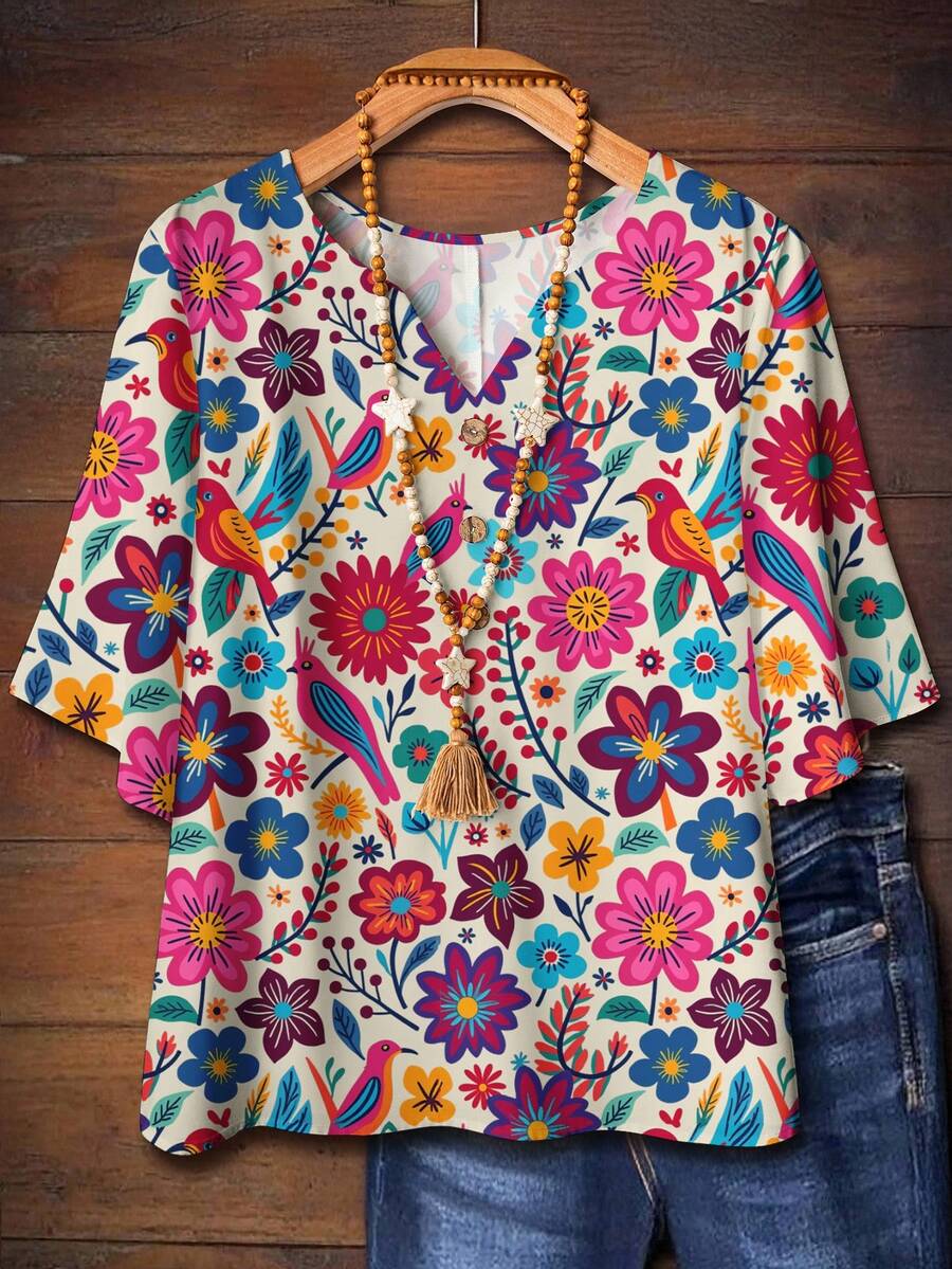 EMERY ROSE Vintage Floral Print Decor Button Notched Neck 3/4 Sleeve Loose Blouse For Plus Size Women, Suitable For Summer Chic Blouses For Women - Multicolor - View 1
