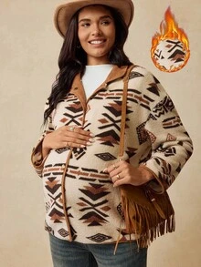 Boho Mama 孕妇休闲复古西部几何图案夹克，秋冬 - 咖啡棕 - 查看 7