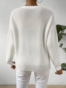 EMERY ROSE Damski luźny sweter w jednolitym kolorze z teksturą dzianiny, uniwersalny sweter damski na każdą okazję, prążkowany sweter, biały sweter, sweter z bufiastymi rękawami, biały sweter z dzianiny