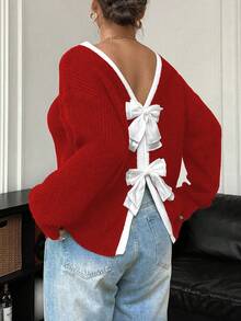 Vionelle Plus Size Women Casual Bowknot Crew Neck Long Sleeve Sweater, Slimming, Autumn/Winter Fall