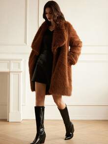 Aveloria Rosie Luxurious & Elegant Light Brown Lapel Mid-Length Faux Fur Coat, Exuding Sophisticated & Casual Vibe, Suitable For Formal Events And Casual Outings