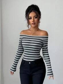 Elenzga 25-30+ 罗纹露肩长袖优雅女士T恤，休闲秋季 - 黑色 - 查看 1