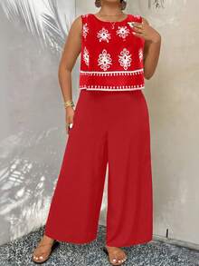 EMERY ROSE Plus Size Women Summer Casual Vacation Floral Satin Print Sleeveless Loose Tank Top And Wide Leg Pants Set