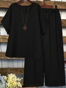 Linhara Plus Size Casual Solid Color Batwing Sleeve Shirt And Pants 2 Pieces Set - Black - View 1