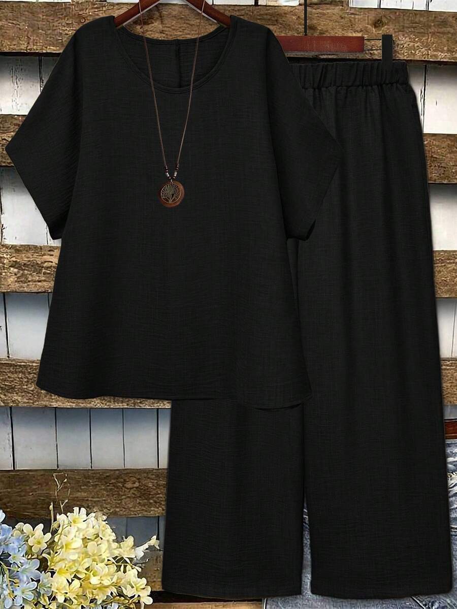 Linhara Plus Size Casual Solid Color Batwing Sleeve Shirt And Pants 2 Pieces Set - Black - View 1