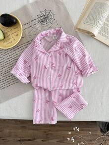 SHEIN 女婴幼儿新生儿0-3岁秋冬条纹蝴蝶结长袖衬衫休闲套装，适合居家和户外 - 粉色 - 查看 5