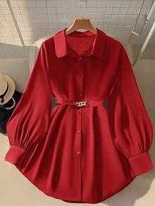 SHEIN Clasi Women Metal Decor Lantern Sleeve Blouse, Elegant And Stylish Fall Cloth For Women - Red - View 1