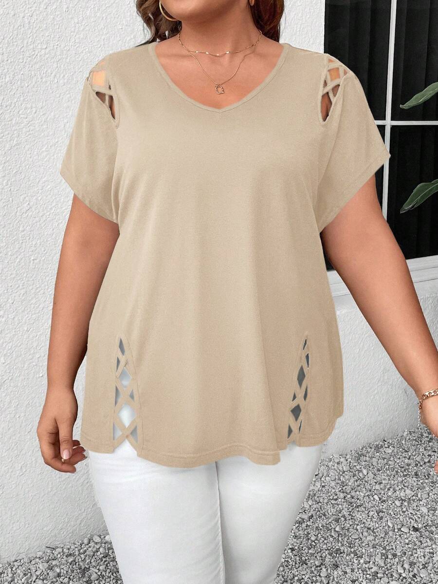 SHEIN LUNE V领交叉镂空大码女式短袖休闲T恤 - 卡其色 - 查看 1