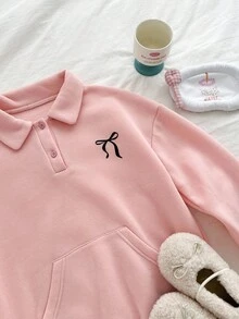 Genkimix Kids 1 件女童针织运动衫，白色蝴蝶结印花，半拉链开合，麻灰色 - 淺灰色 - 查看 2