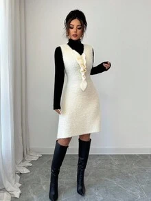 Elenzga 女式纯色V领无袖褶皱针织连衣裙，秋冬 - 杏色 - 查看 5