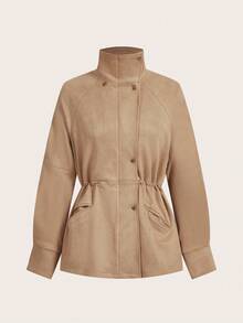 SHEIN PETITE Women's Solid Color Waist Cinched Faux Suede Jacket, Suitable For Commuting In Fall/Winter - Khaki - View 2
