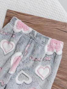 Genkimix Kids 2 件女童可爱心形和卡通猫毛绒保暖裤舒适睡衣套装，秋冬