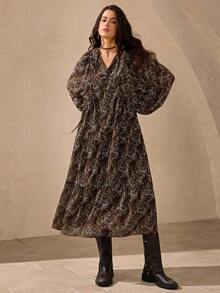 Wildy Romantic Bohemian Print Loose Midi Dress, New Arrival For Autumn Vacation Fall Dresses For Women Plus Size Paisley Dress Plus Size Winter Dresses Earthy Plus Size Plus Size Boho Dress