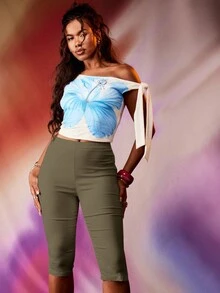 MISSGUIDED Olive High Waist Capri Pants Casual Summer Stretch Fitted Pedal Pushers With Side Slit Hem Detail Women Cropped Trousers - Army Green - View 3