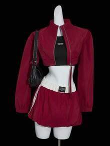 SHEIN ICON 秋冬街头休闲纯色拉链长袖短款女士夹克 - 紅色 - 查看 1