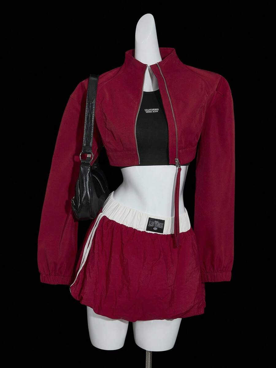 SHEIN ICON 秋冬街头休闲纯色拉链长袖短款女士夹克 - 紅色 - 查看 1