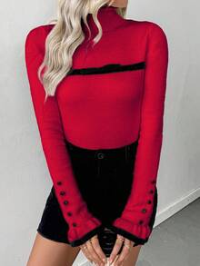 RosyDaze Sweater Rajut Lengan Panjang Wanita Model Turtleneck dengan Kancing dan Rumbai, Dilengkapi Pita dan Lapisan Termal yang Pas di Badan - Merah - View 7
