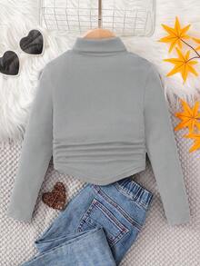 SHEIN Young Girl Black Mock Neck Ruched Basics Solid Color Knit Tee,Great For Casual & Daily Wear & School Daily In Autumn & Winter Fall - Grey - View 3