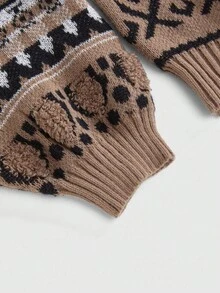 ROMWE Kawaii Plus Size Avant Vintage Geometric Abstract Fair Isle Pattern Fuzzy Plus Size Off-Shoulder Sweater, Retro Street Style Loose Fit Fair Isle Knit Pullover For Autumn/Winter, Plus Size Casual Fashion Women Clothing, Y2K Vintage Inspired Plus Size Women Sweater With Fair Isle Pattern For Holiday Party, Christmas Party, Elegant Plus Size Ladies Knitwear - Multicolor - View 8