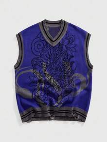 ROMWE MEN Anime Men's Casual V-Neck Jacquard Knit Sweater Vest, Fall Winter - Royal Blue - View 1