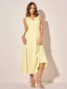 CAJUNI Women's Butter Yellow Satin Lace Patchwork Ruched Elegant Dress - Light Yellow - View 4