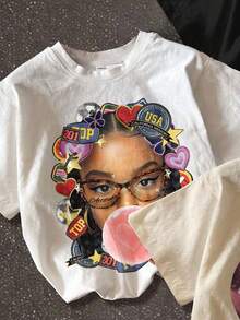 SHEIN Bolty 3pcs/Set Teen Girl Casual Minimalist Short Sleeve Round Neck T-Shirts, White, Light Peach, Black, With Personalized Street Hip-Hop Girl Portrait, LA Hand Gesture, Lip Pattern, Suitable For Street Photography, Casual Daily Wear, Fashion Styling - Multicolor - View 4