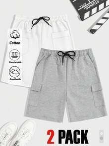 RueChic Men 2pcs Pack Cargo Pockets Drawstring Waist Regular Shorts - Black and White - View 1