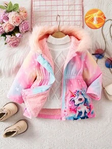 SHEIN Chaqueta con capucha forrada térmicamente con patrón de unicornio de dibujos animados lindo para bebé niña, adecuada para exteriores, parque de atracciones, otoño/invierno - Multicolor - Ver 8