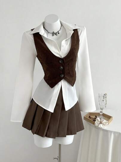 Elamini 2pcs Women's Fashion Corduroy Vest With Collar & Flared Sleeve Shirt Set, White, Suitable For Autumn/Winter Fall Cloth For Women