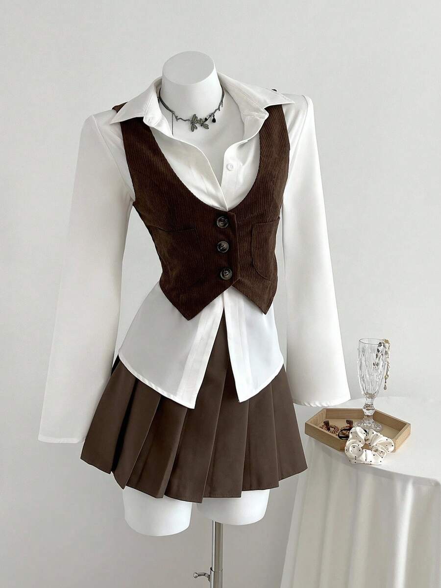 Elamini 2pcs Women's Fashion Corduroy Vest With Collar & Flared Sleeve Shirt Set, White, Suitable For Autumn/Winter Fall Cloth For Women - Multicolor - View 1